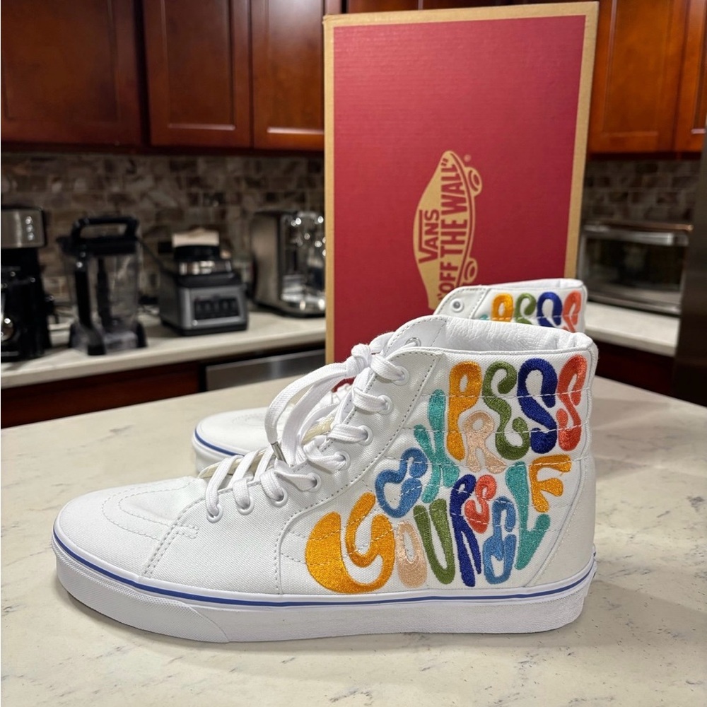 New Vans White High-Top Sneakers with Multicolor Graffiti Design